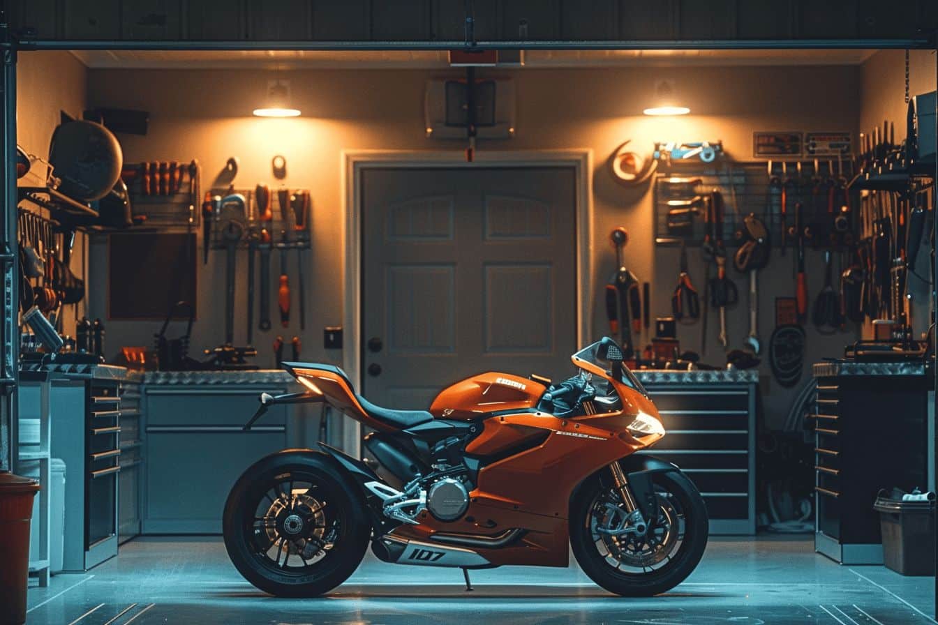 Moto d'occasion avec prix affiché et outils d'estimation  
Mécanicien évaluant une moto dans un garage en 2024